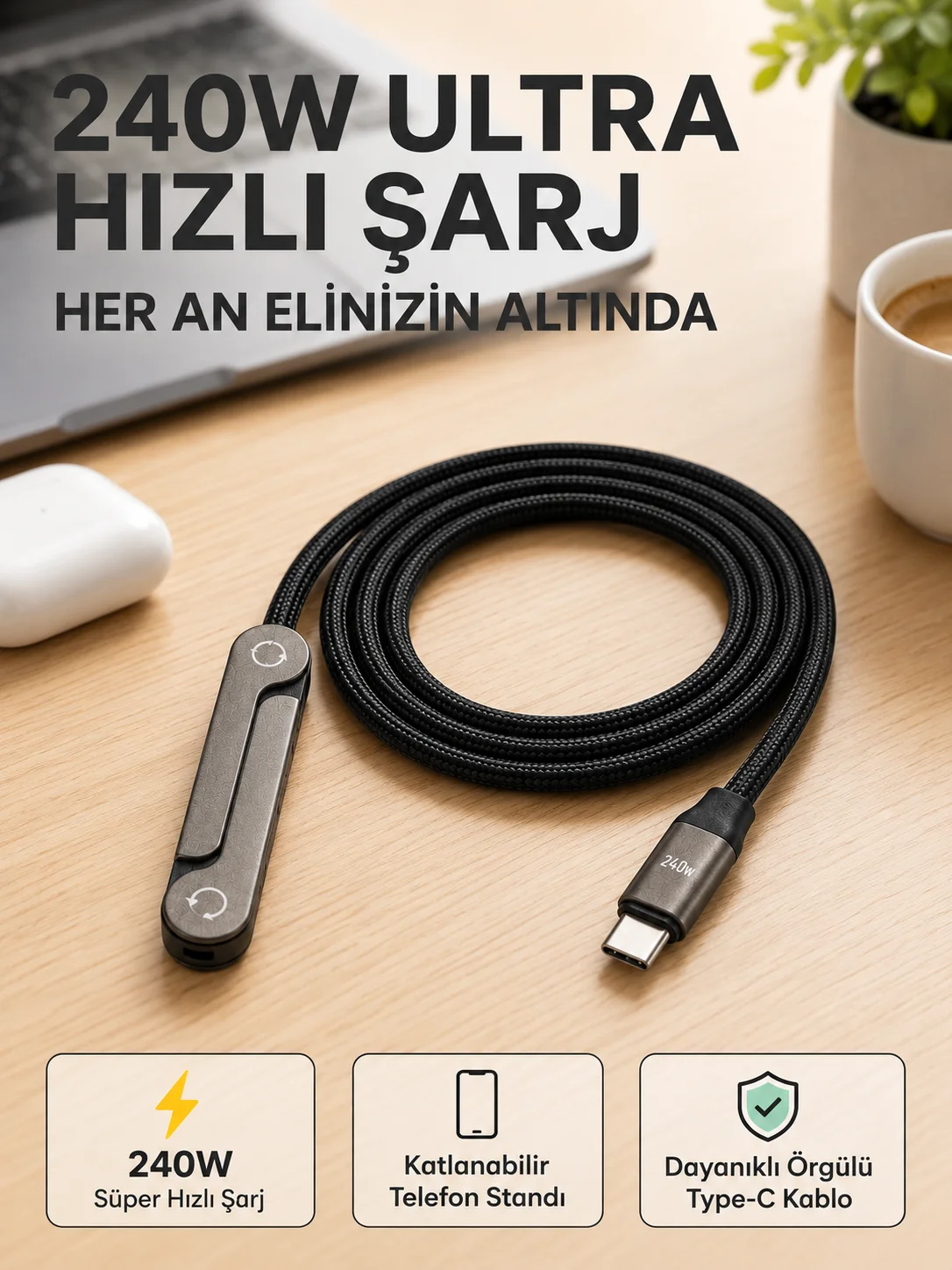 Örgülü 240W Type-C Katlanabilir Telefon Standlı Şarj Kablosu