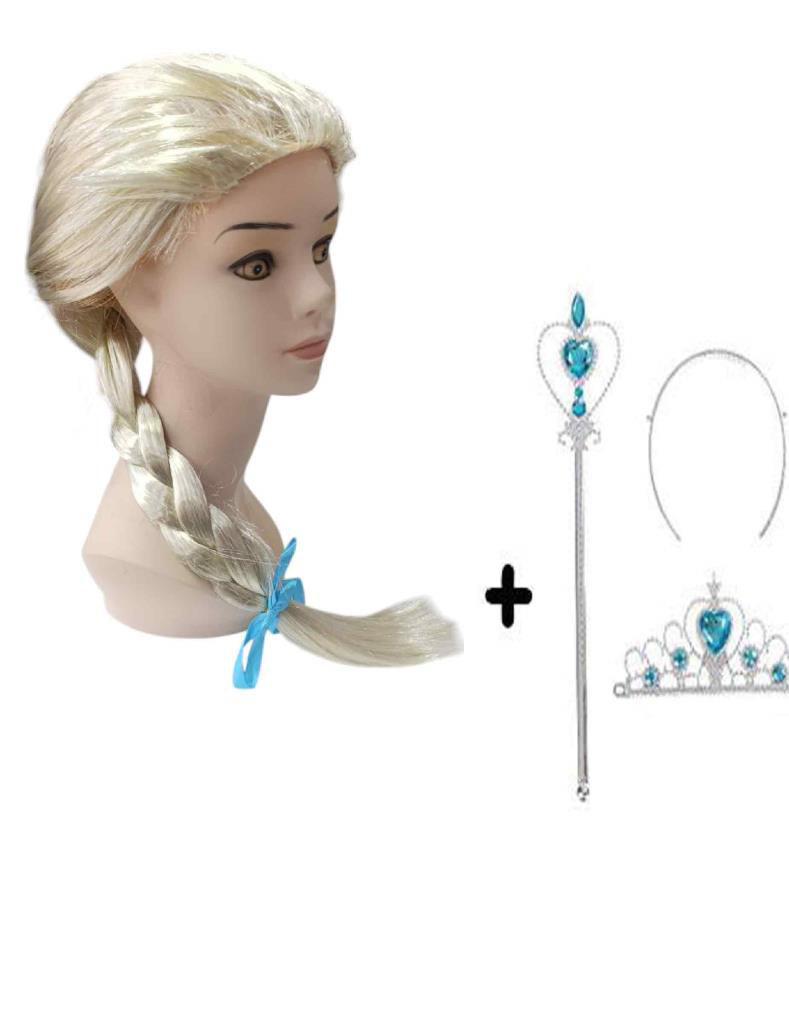 Örgülü Karlar Ülkesi Frozen Elsa Peruğu Tacı ve Sopası Çocuk Boy Örgülü Karlar Ülkesi Frozen Elsa Peruğu Tacı ve Sopası Çocuk Boy