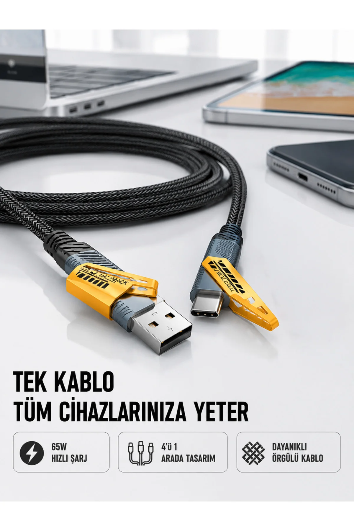 Örgülü Tasarım 4’ü 1 Arada USB-C Lightning Hızlı Şarj Kablosu Örgülü Tasarım 4’ü 1 Arada USB-C Lightning Hızlı Şarj Kablosu
