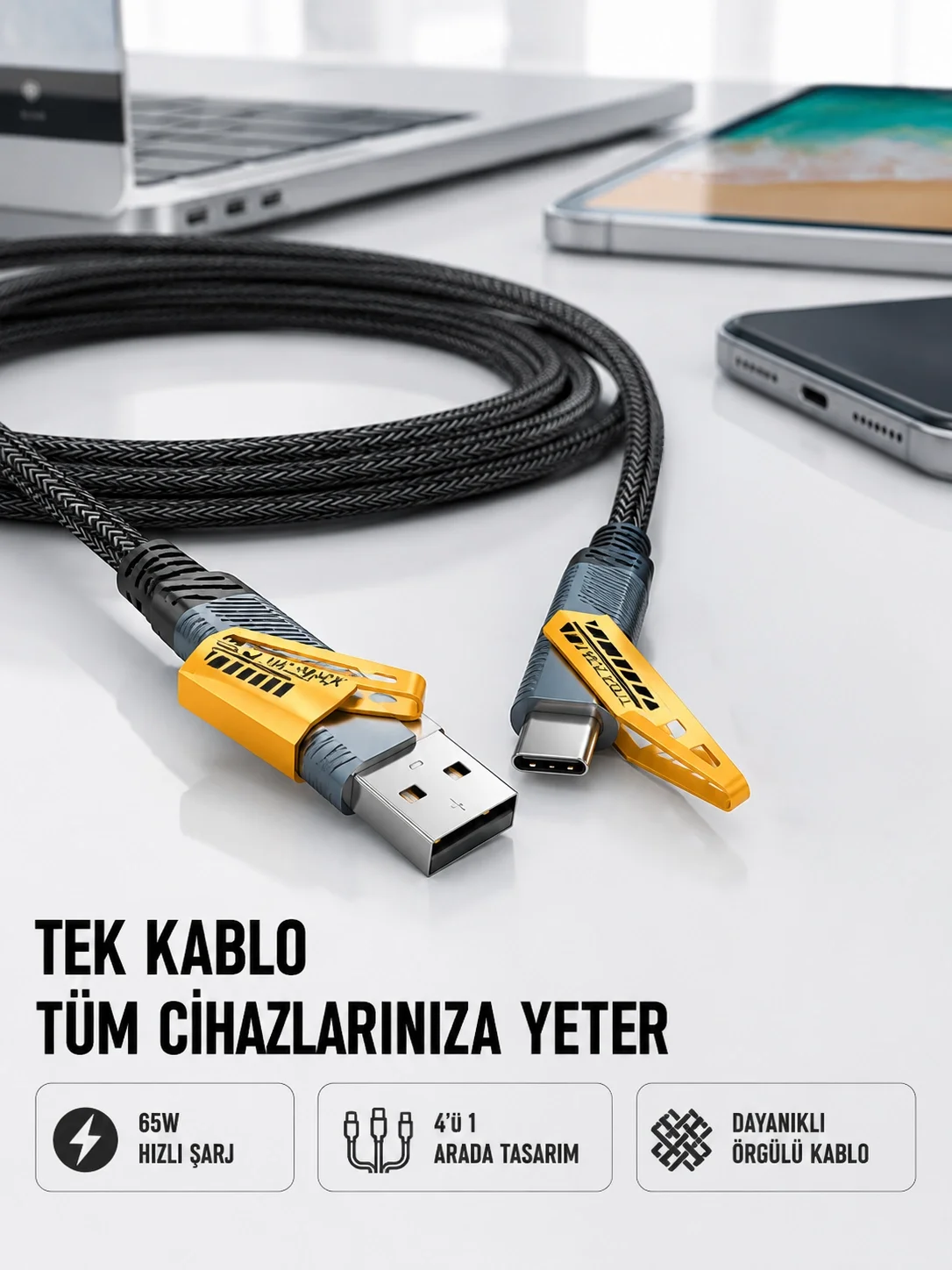 Örgülü Tasarım 4’ü 1 Arada USB-C Lightning Hızlı Şarj Kablosu