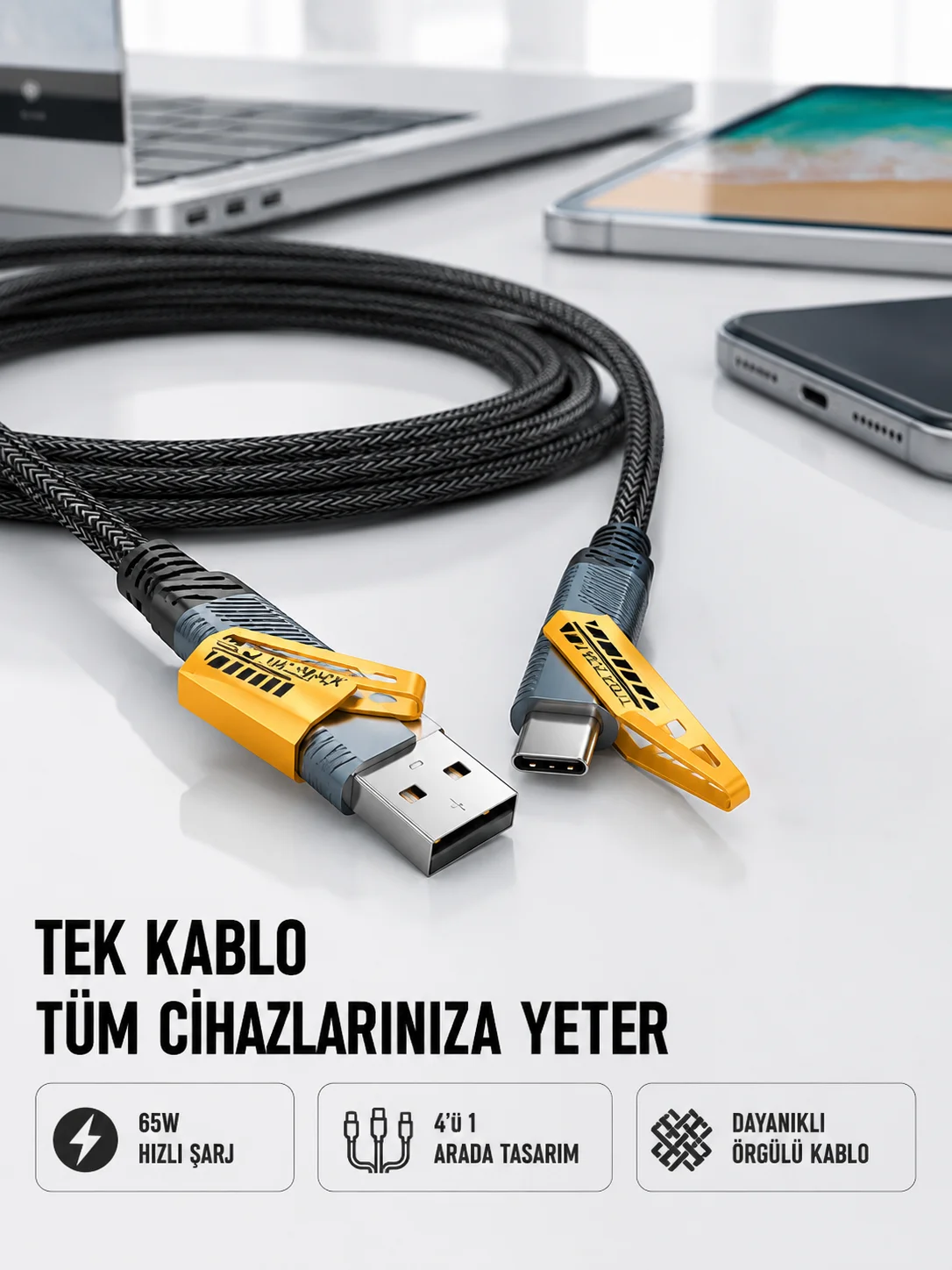 Örgülü Tasarım 4’ü 1 Arada USB-C Lightning Hızlı Şarj Kablosu