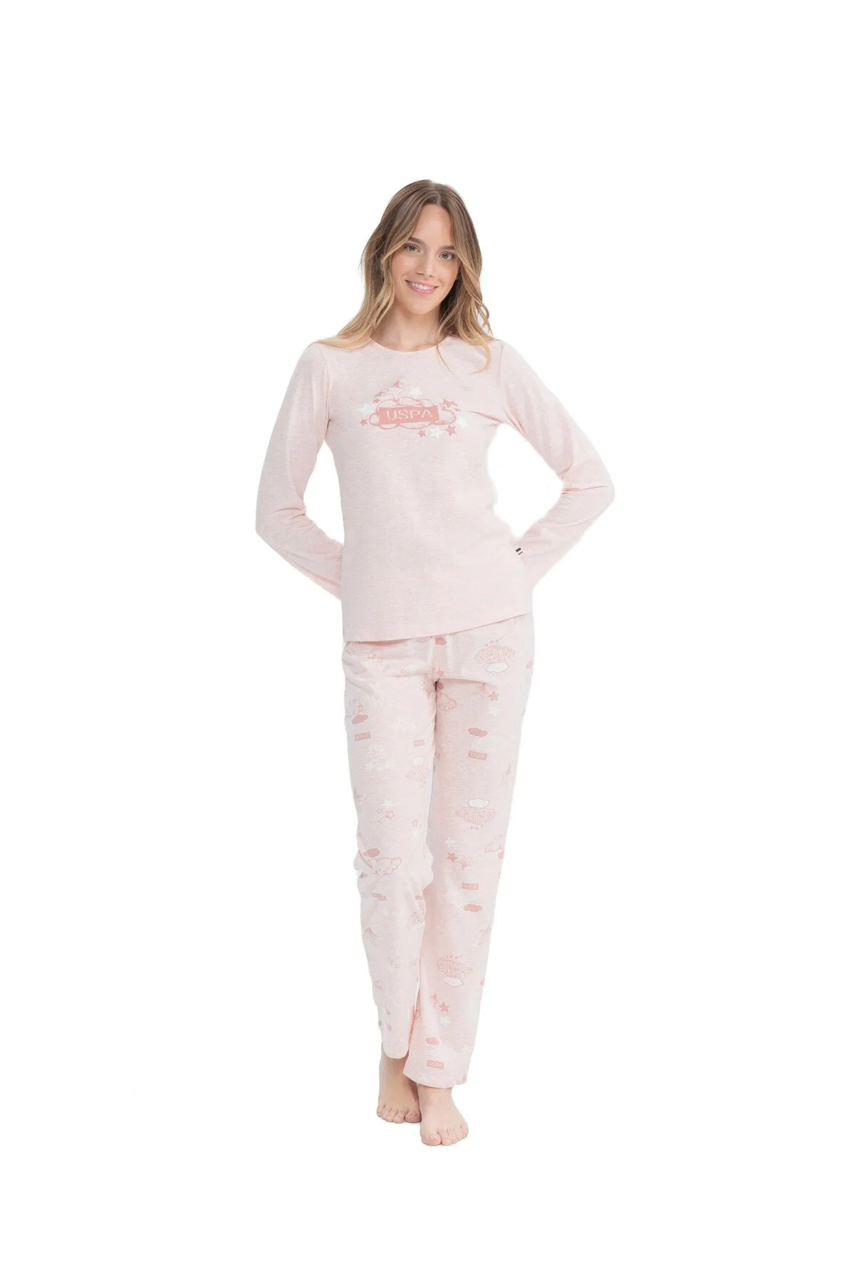 Orijinal Lisanslı Kadın Pembe Melanj Yuvarlak Yaka Pijama Takımı  17122