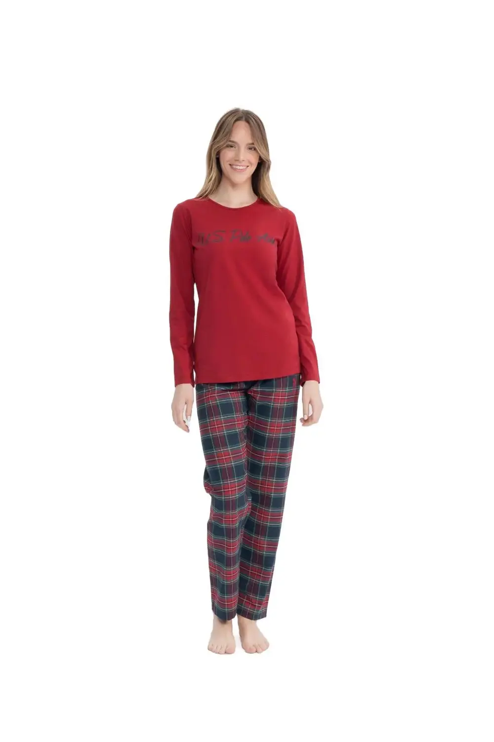 Orijinal Lisanslı Kadın Bordo Yuvarlak Yaka Pijama Takımı  17131