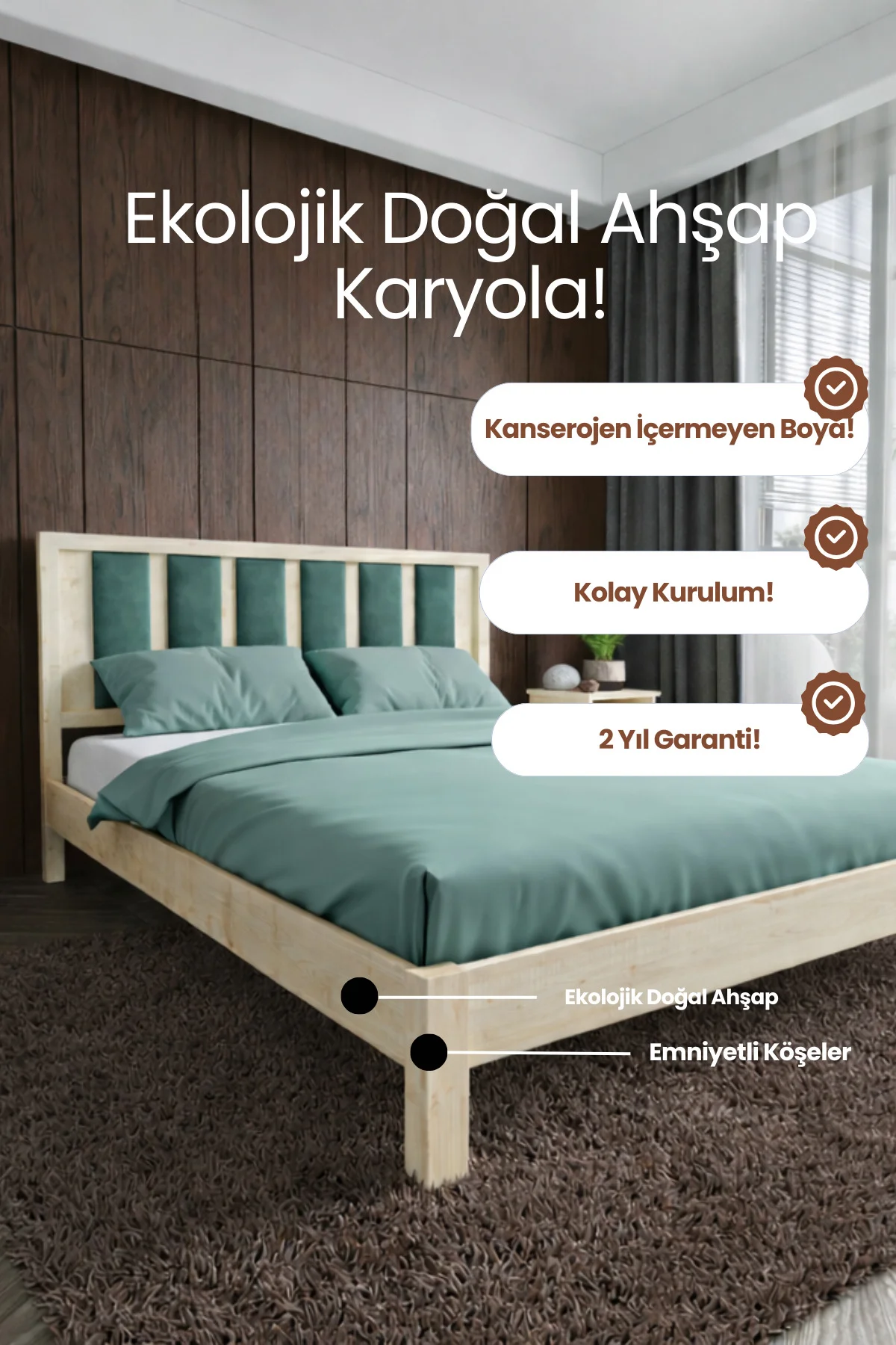 Orion Çağla Yeşili Puflu Başlık Masif Ahşap Karyola- Çağla Yeşili Puflu Konfor Başlıklı Karyola Fiyatı, Yorumları ve Özellikleri