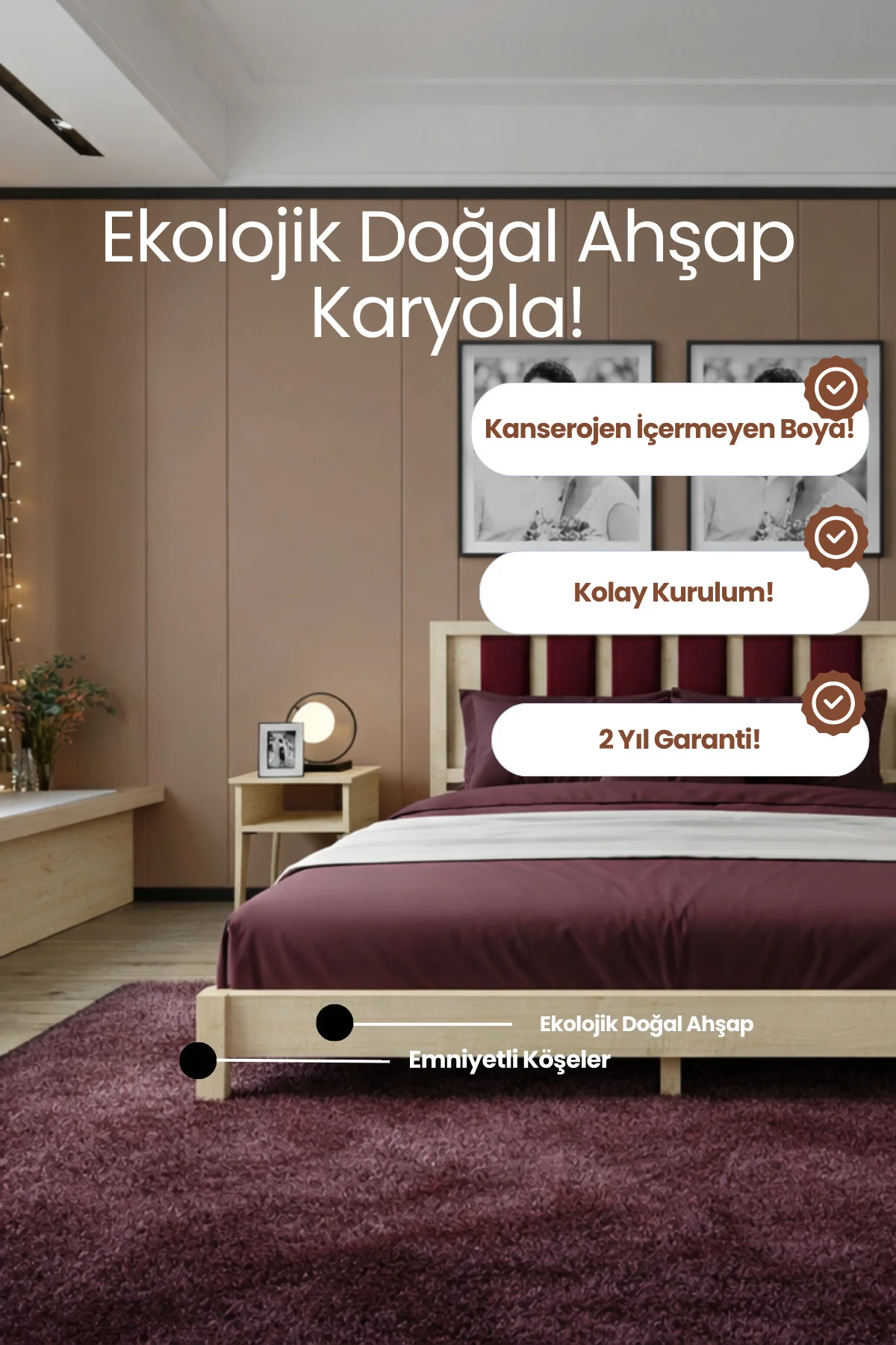 Orion Model Bordo Puf Başlıklı Masif Ahşap Karyola Kolay Kurulum Fırınlanmış İthal Sibirya Çamı 160x200 Yatak Uyumlu