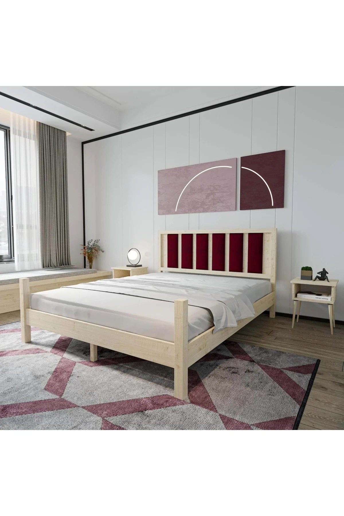 Orion Model Bordo Renk Puflu Başlıklı Doğal Çam Ahşap Karyola Ve İki Komodin Set - Görsel 2