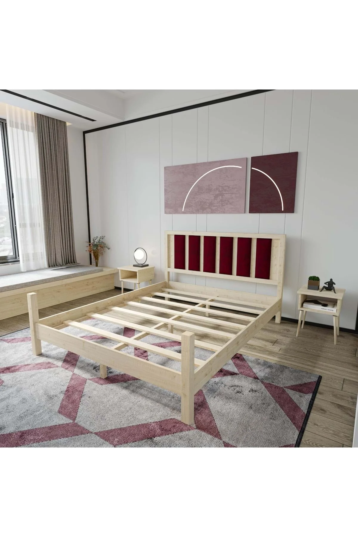 Orion Model Bordo Renk Puflu Başlıklı Doğal Çam Ahşap Karyola Ve İki Komodin Set - Görsel 3