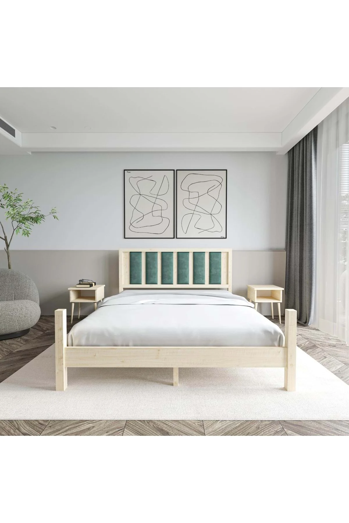 Orion Model Çağla Yeşili Puflu Başlıklı Vernikli Çam Ahşap Karyola Ve İki Komodin Set Fiyatı, Yorumları ve Özellikleri
