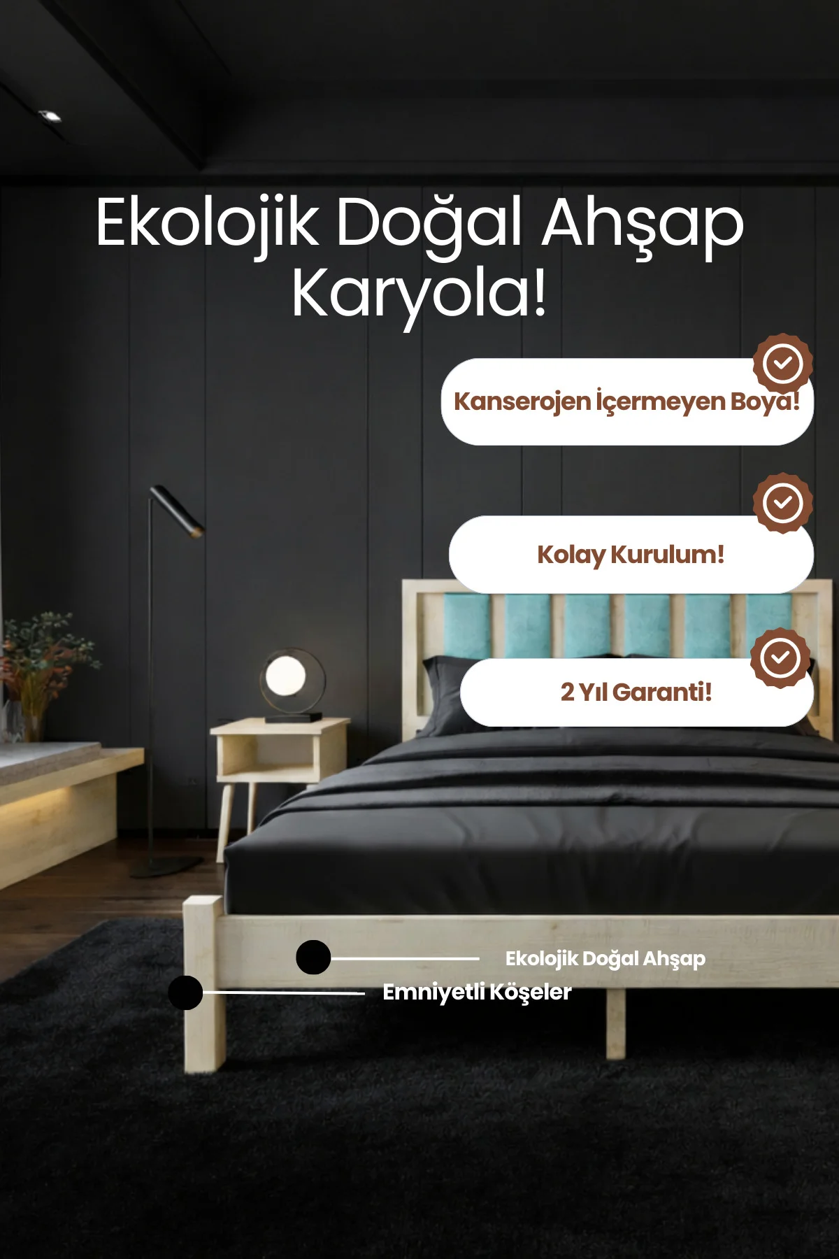 Orion Model Cam Göbeği Puf Başlıklı Masif Ahşap Karyola Kolay Kurulum Fırınlanmış İthal Sibirya Çamı 200x200 Yatak Uyumlu