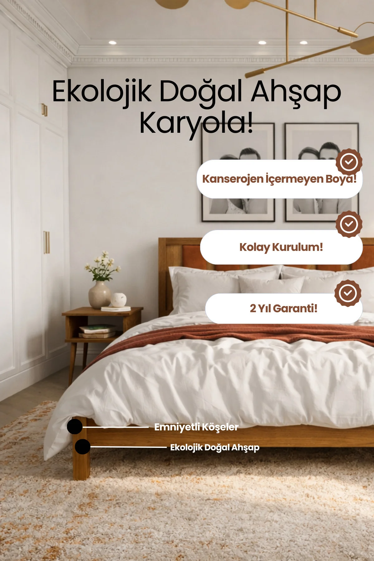 Orion Model Kiremit Rengi Puf Başlıklı Masif Ahşap Karyola Kolay Kurulum Fırınlanmış İthal Sibirya Çamı 90x190 Yatak Uyumlu