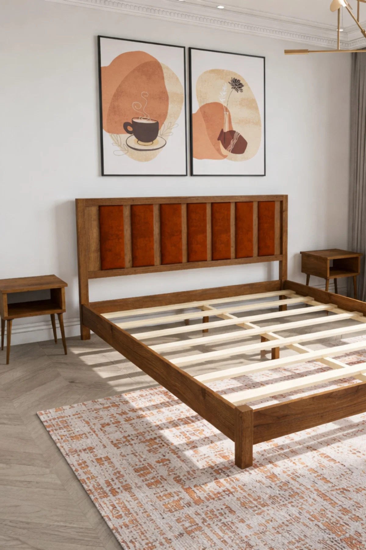 Orion Model Kiremit Rengi Puf Başlıklı Masif Ahşap Karyola Kolay Kurulum Fırınlanmış İthal Sibirya Çamı 90x190 Yatak Uyumlu