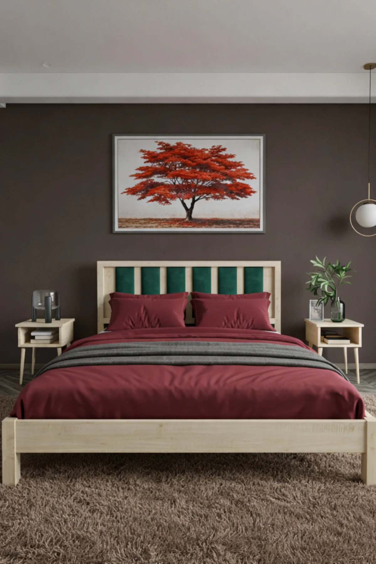 Orion Model Zümrüt Yeşili Puf Başlıklı Masif Ahşap Karyola Kolay Kurulum Fırınlanmış İthal Sibirya Çamı 120x200 Yatak Uyumlu