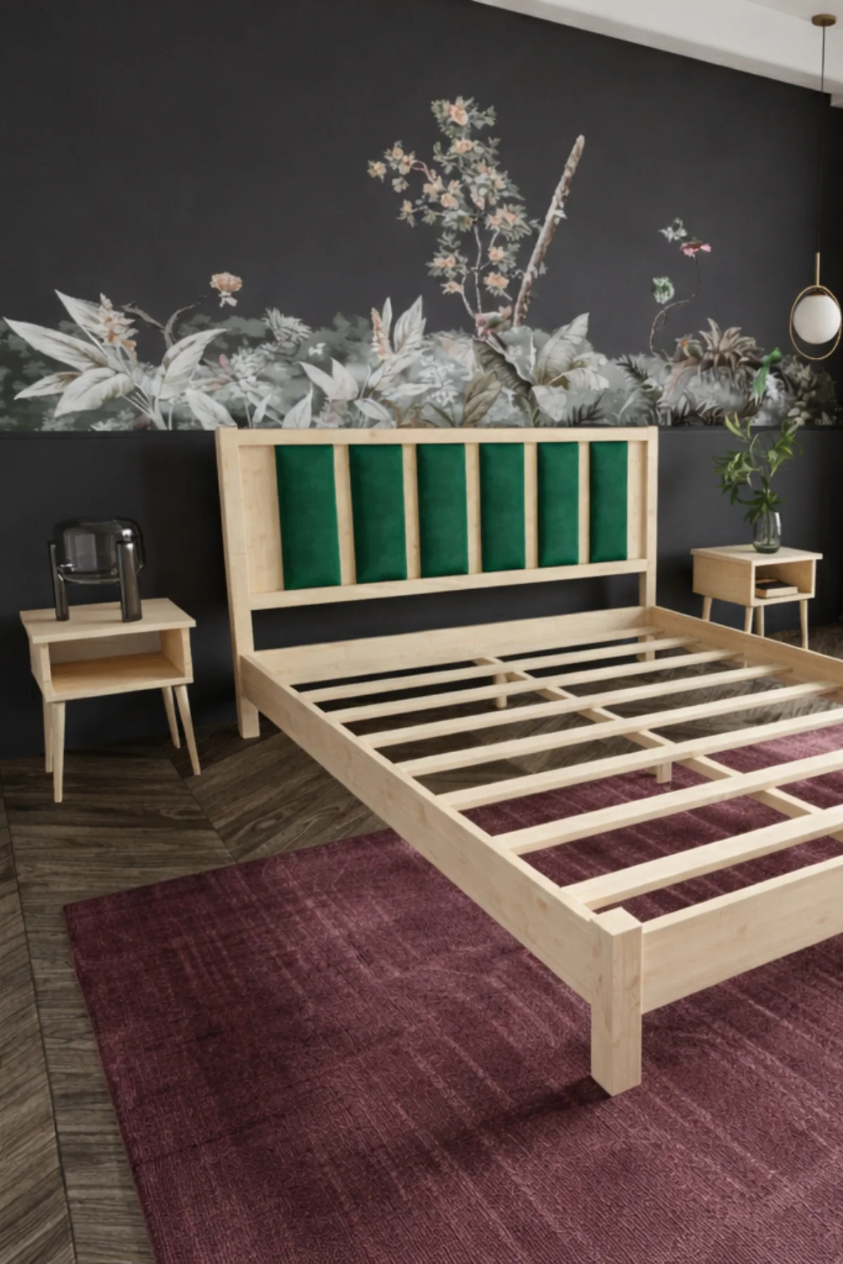 Orion Model Zümrüt Yeşili Puf Başlıklı Masif Ahşap Karyola Kolay Kurulum Fırınlanmış İthal Sibirya Çamı 120x200 Yatak Uyumlu