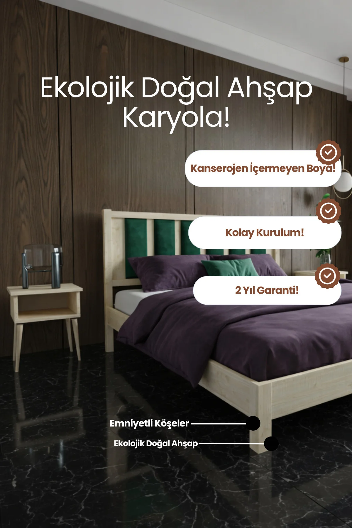 Orion Model Zümrüt Yeşili Puf Başlıklı Masif Ahşap Karyola Kolay Kurulum Fırınlanmış İthal Sibirya Çamı 120x200 Yatak Uyumlu