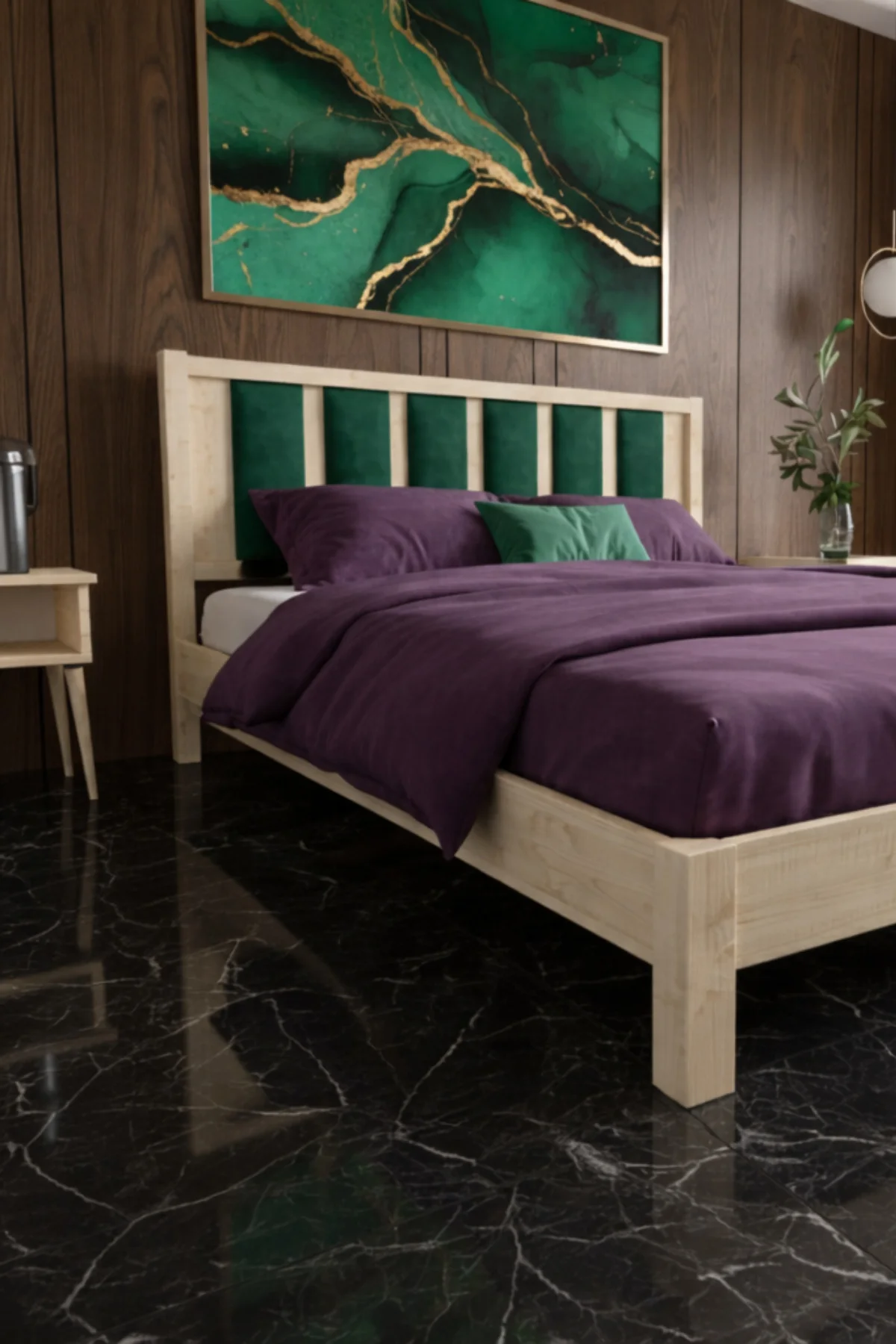 Orion Model Zümrüt Yeşili Puf Başlıklı Masif Ahşap Karyola Kolay Kurulum Fırınlanmış İthal Sibirya Çamı 120x200 Yatak Uyumlu