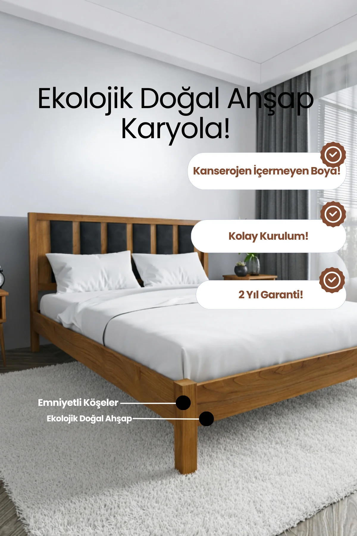 Orion Siyah Puflu Başlık Masif Ahşap Karyola-Siyah Puf Detaylı Doğal Ahşap Karyola Fiyatı, Yorumları ve Özellikleri