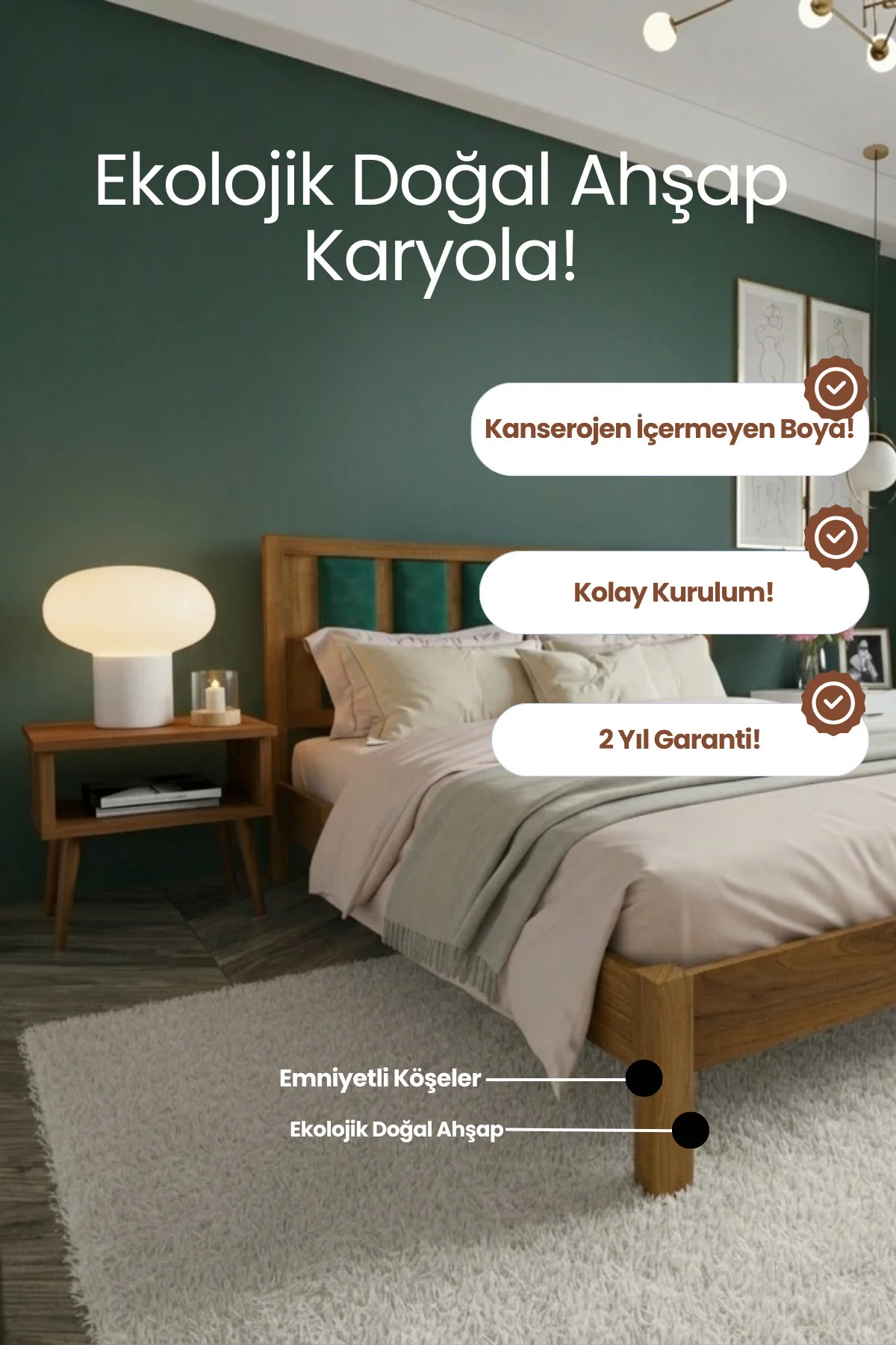 Orion Zümrüt Yeşili Puflu Masif Ahşap Karyola- Zümrüt Yeşili Kadife/Kumaş Puflu Başlıklı Fiyatı, Yorumları ve Özellikleri