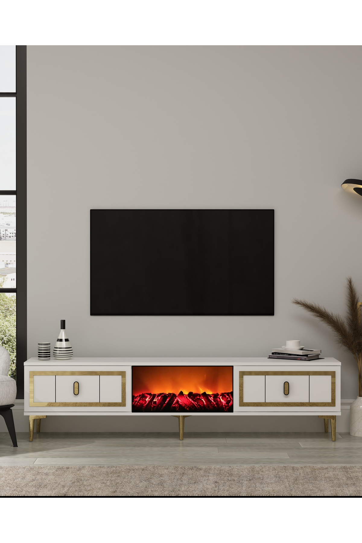 Cantek Dizayn Orionct Şömineli (A) Tv Sehpasi Beyaz-Altin