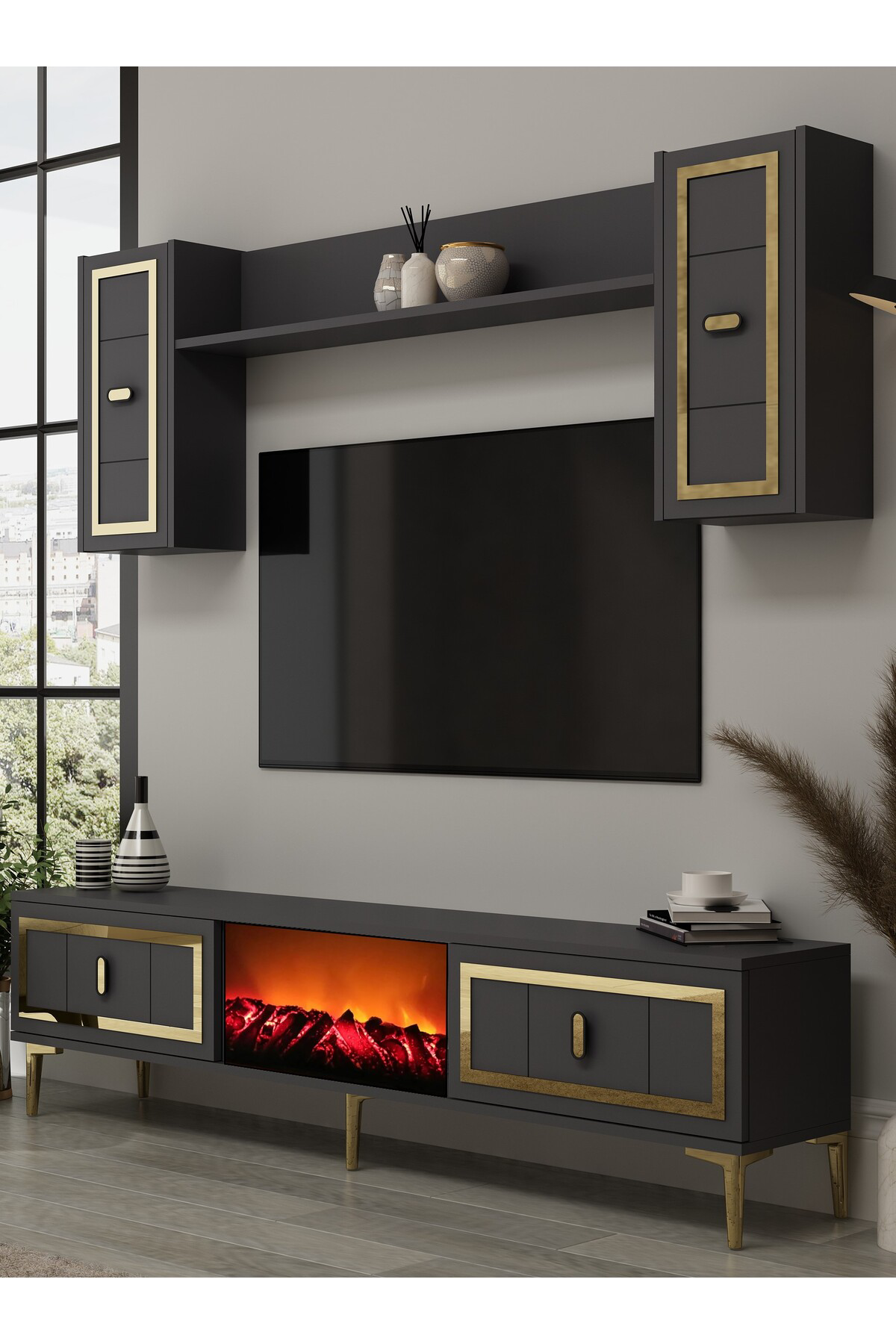 Cantek Dizayn Orionct Şömineli (A) Tv Ünitesi Takimi Antrasit-Altin