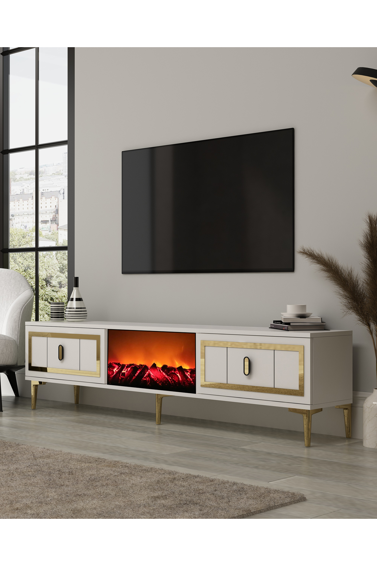 Cantek Dizayn Orionct Şömineli (A) Tv Sehpasi Beyaz-Altin