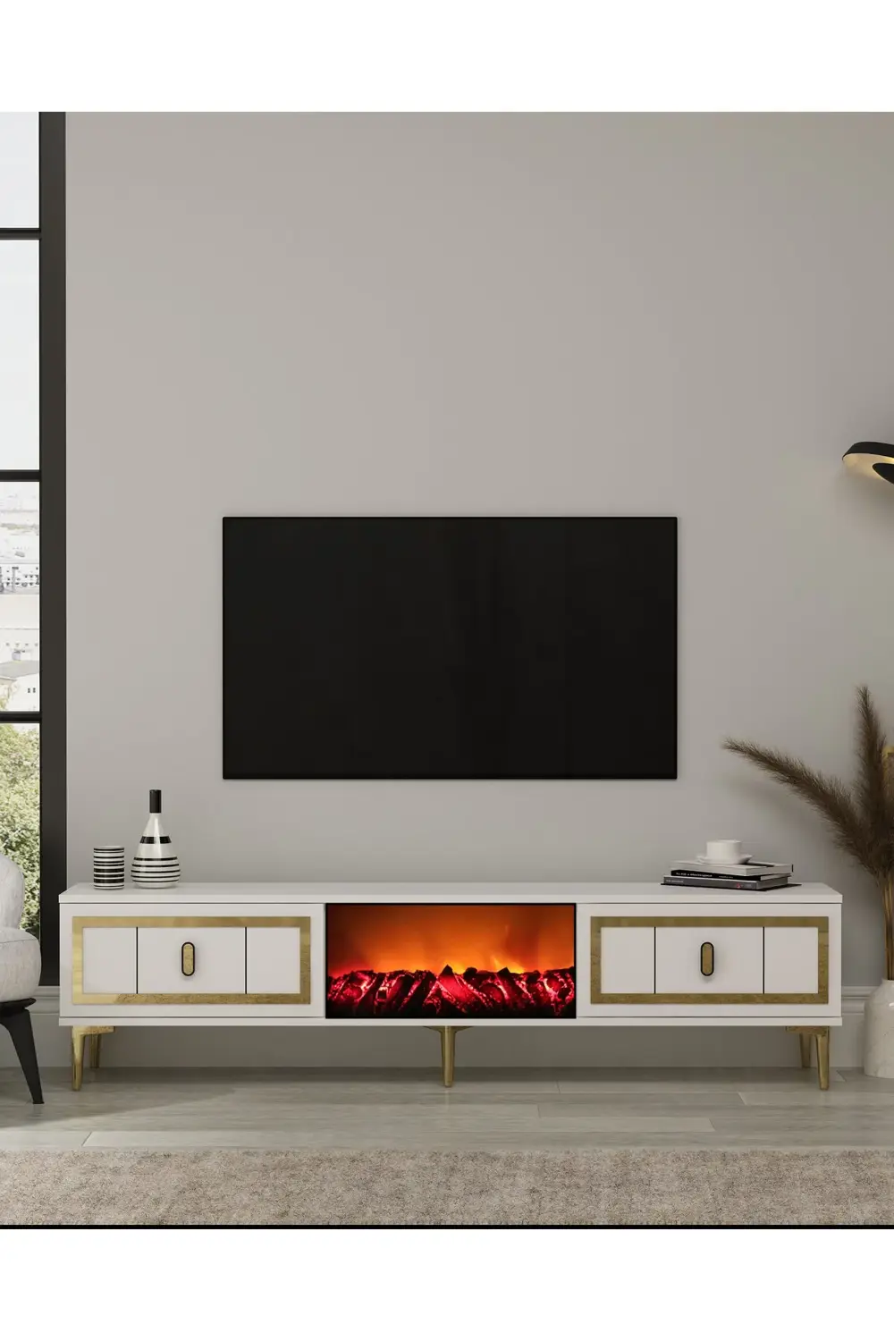 ORİONCT ŞÖMİNELİ (A) TV SEHPASI BEYAZ-ALTIN