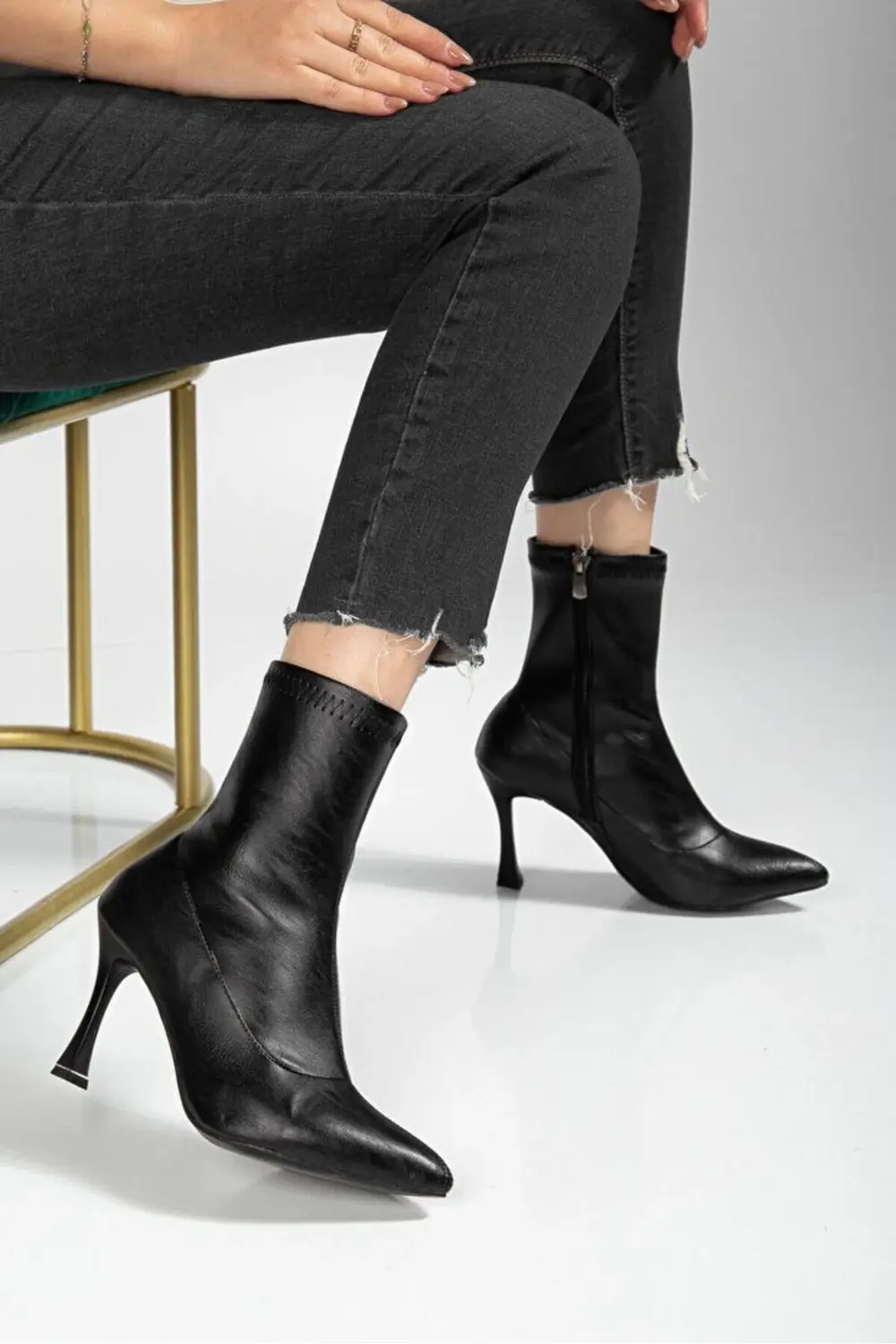 Orjen Siyah Cilt Streç Topuklu Bot