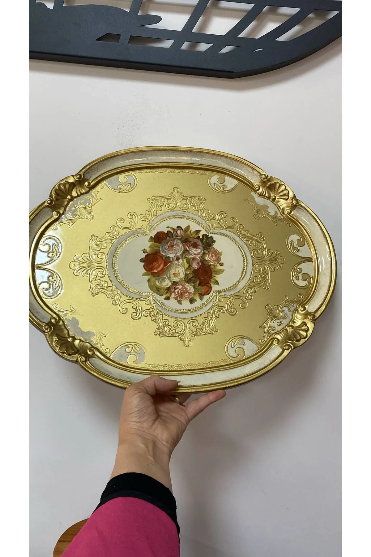 Orjinal İtalyan Gül ağacı tepsi 6 kişilik Çiçekli Oval 36x46cm