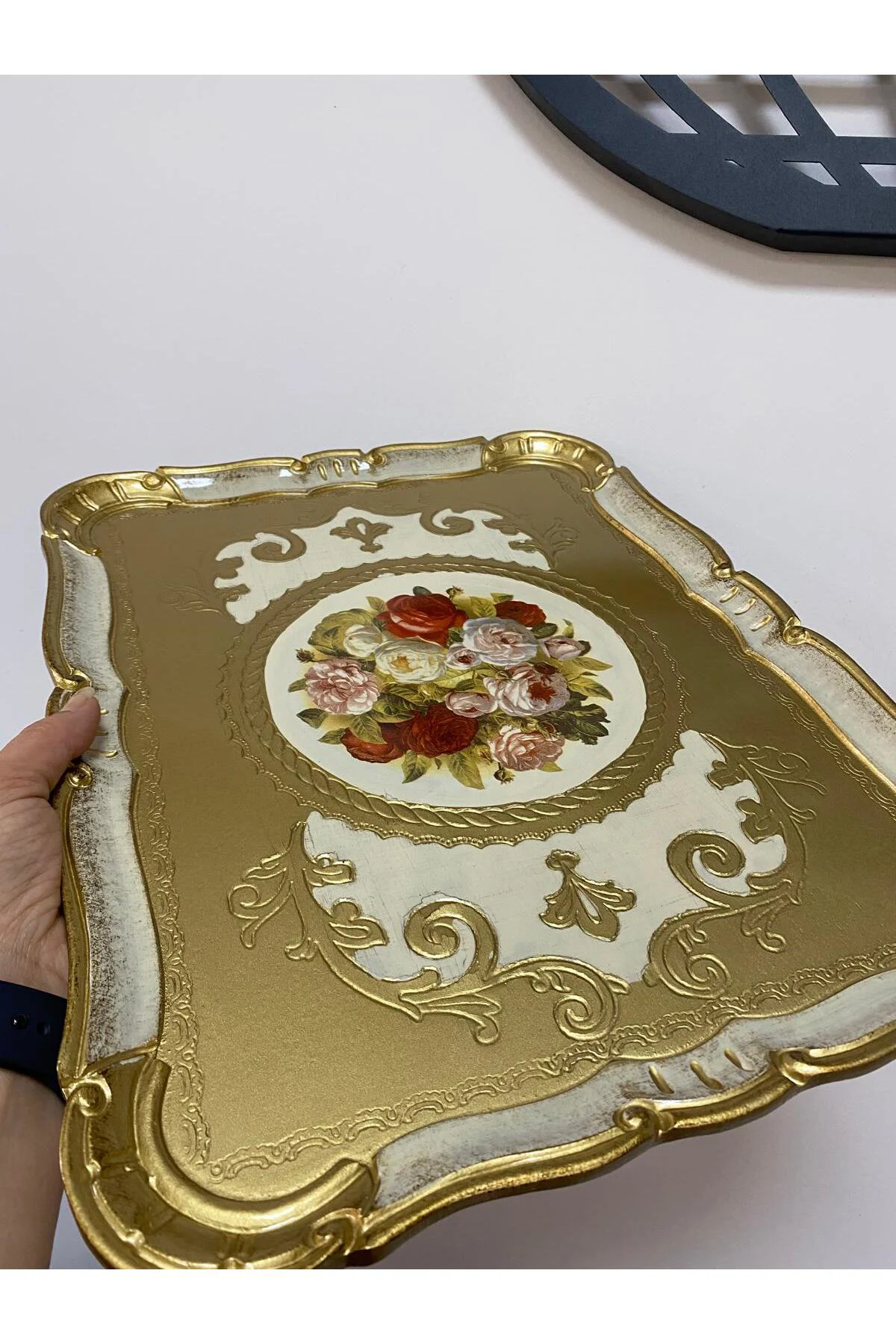 Orjinal İtalyan Gül ağacı tepsi 6 kişilik Çiçekli Dikdörtgen 36x46cm