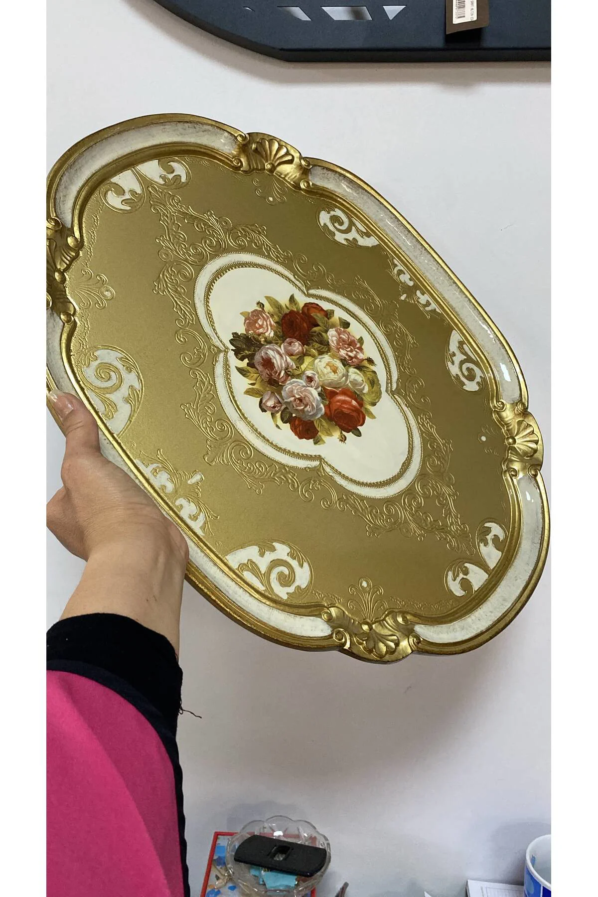 Orjinal İtalyan Gül ağacı tepsi 8 kişilik Çiçekli Oval 42x51cm
