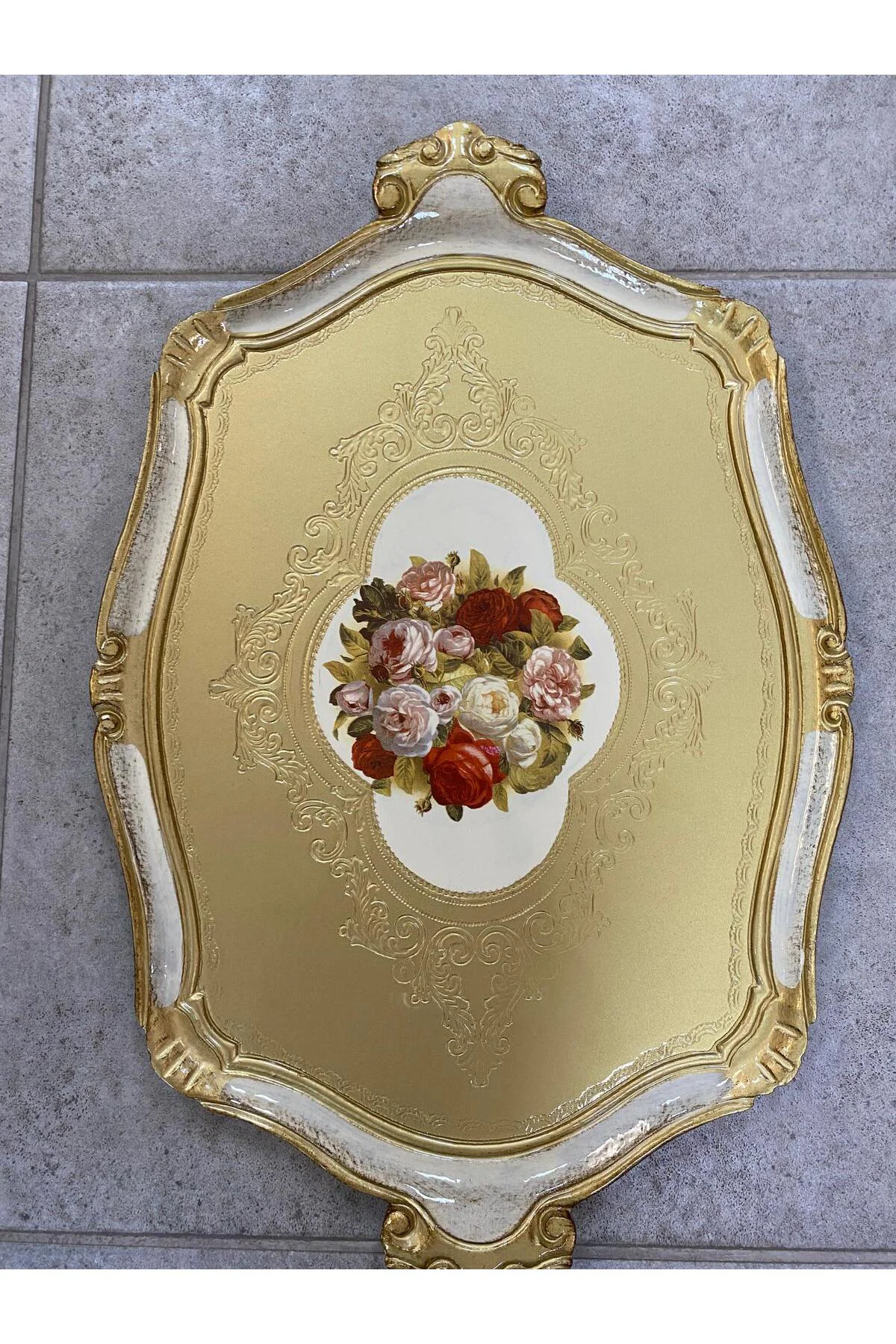 Orjinal İtalyan Gül ağacı tepsi 8 kişilik çiçekli 42x51cm