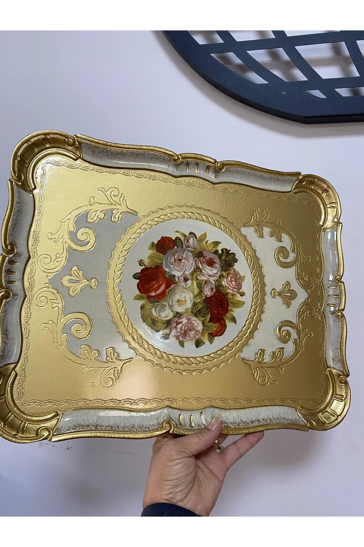 Orjinal İtalyan Gül ağacı tepsi 8 kişilik Çiçekli Dikdörtgen 42x51cm