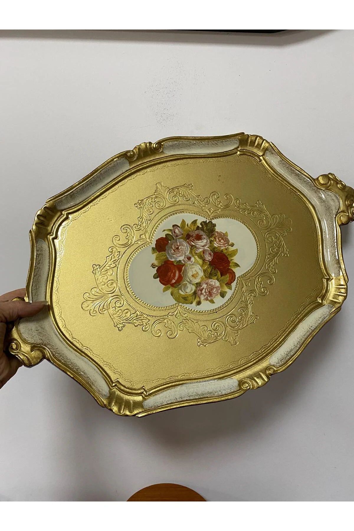 Orjinal İtalyan Gül ağacı tepsi 6 kişilik çiçekli 36x46cm
