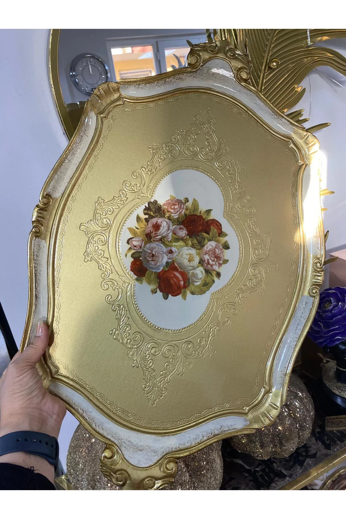 Orjinal İtalyan Gül ağacı tepsi 8 kişilik çiçekli 42x51cm
