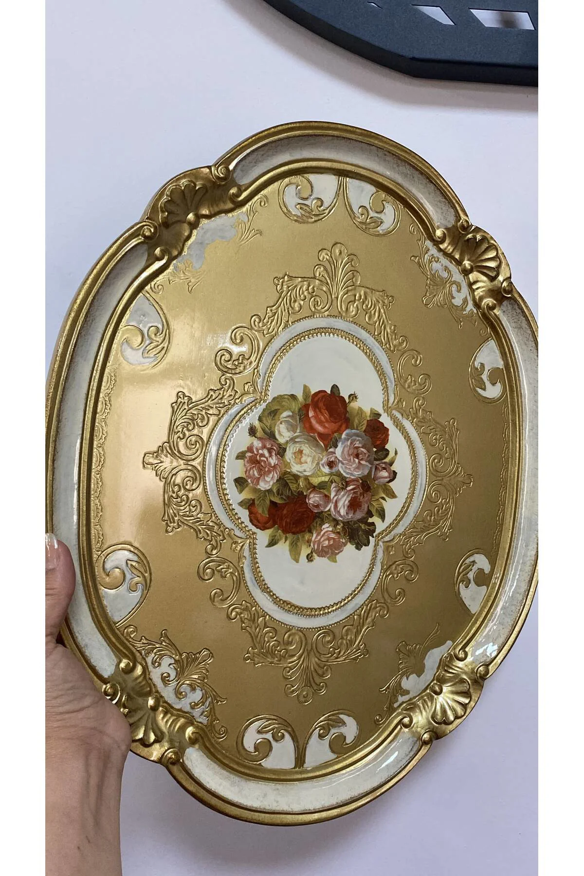 Orjinal İtalyan Gül ağacı tepsi 6 kişilik Çiçekli Oval 36x46cm