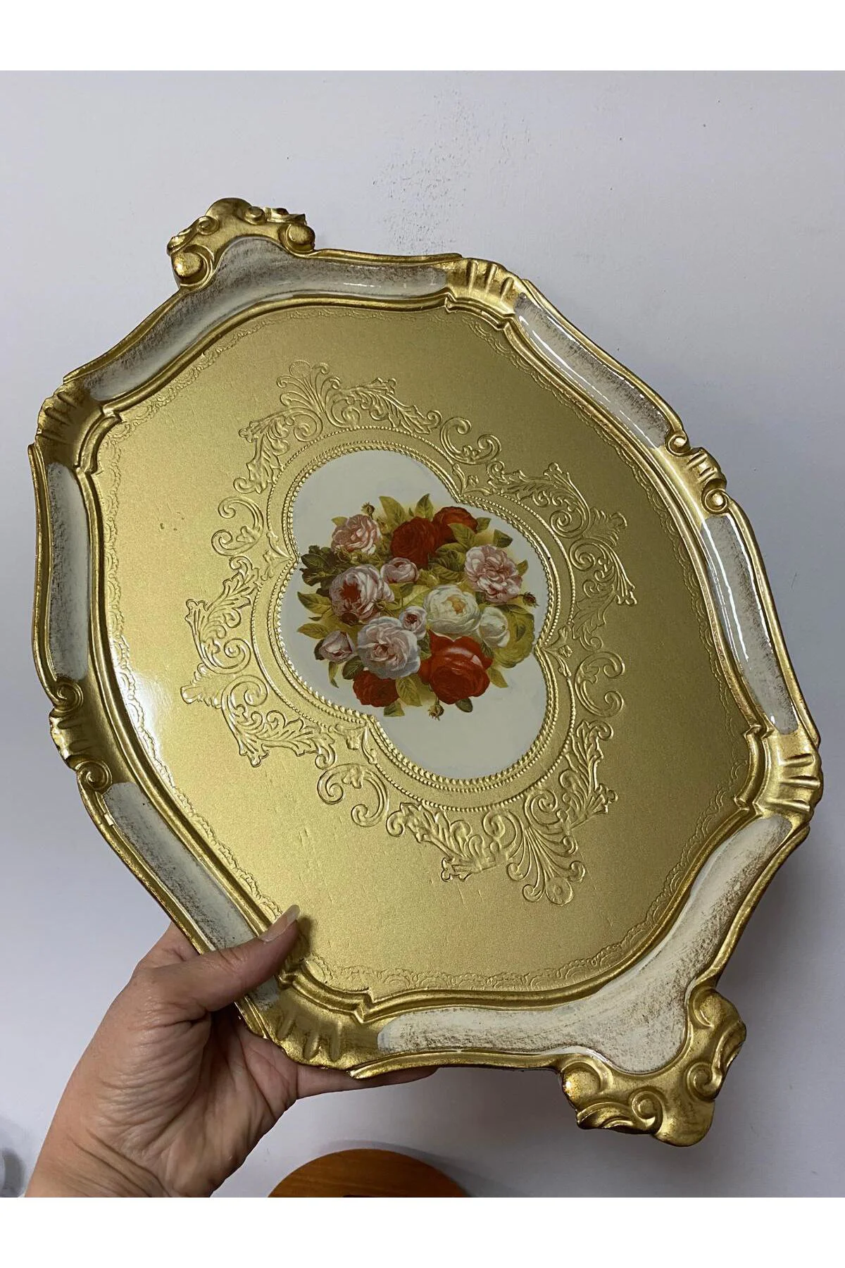 Orjinal İtalyan Gül ağacı tepsi 6 kişilik çiçekli 36x46cm