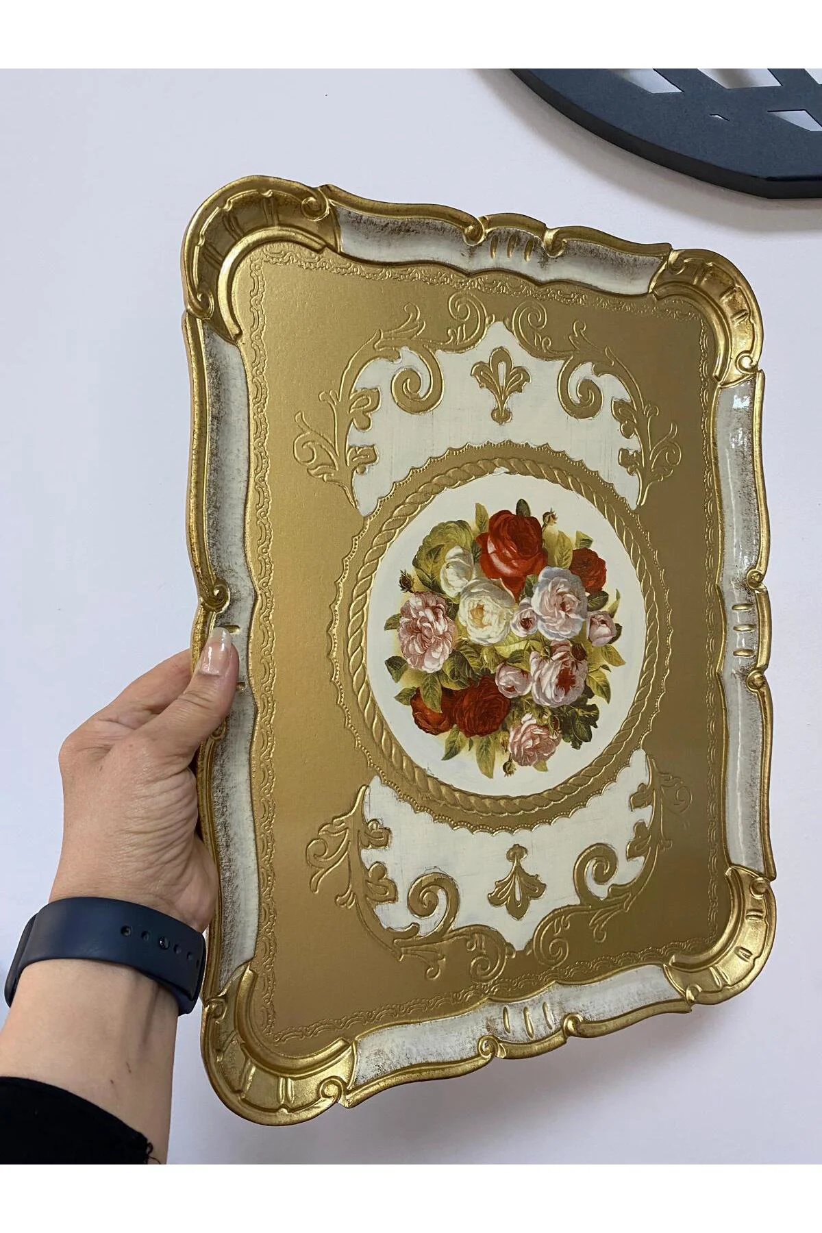 Orjinal İtalyan Gül ağacı tepsi 8 kişilik Çiçekli Dikdörtgen 42x51cm