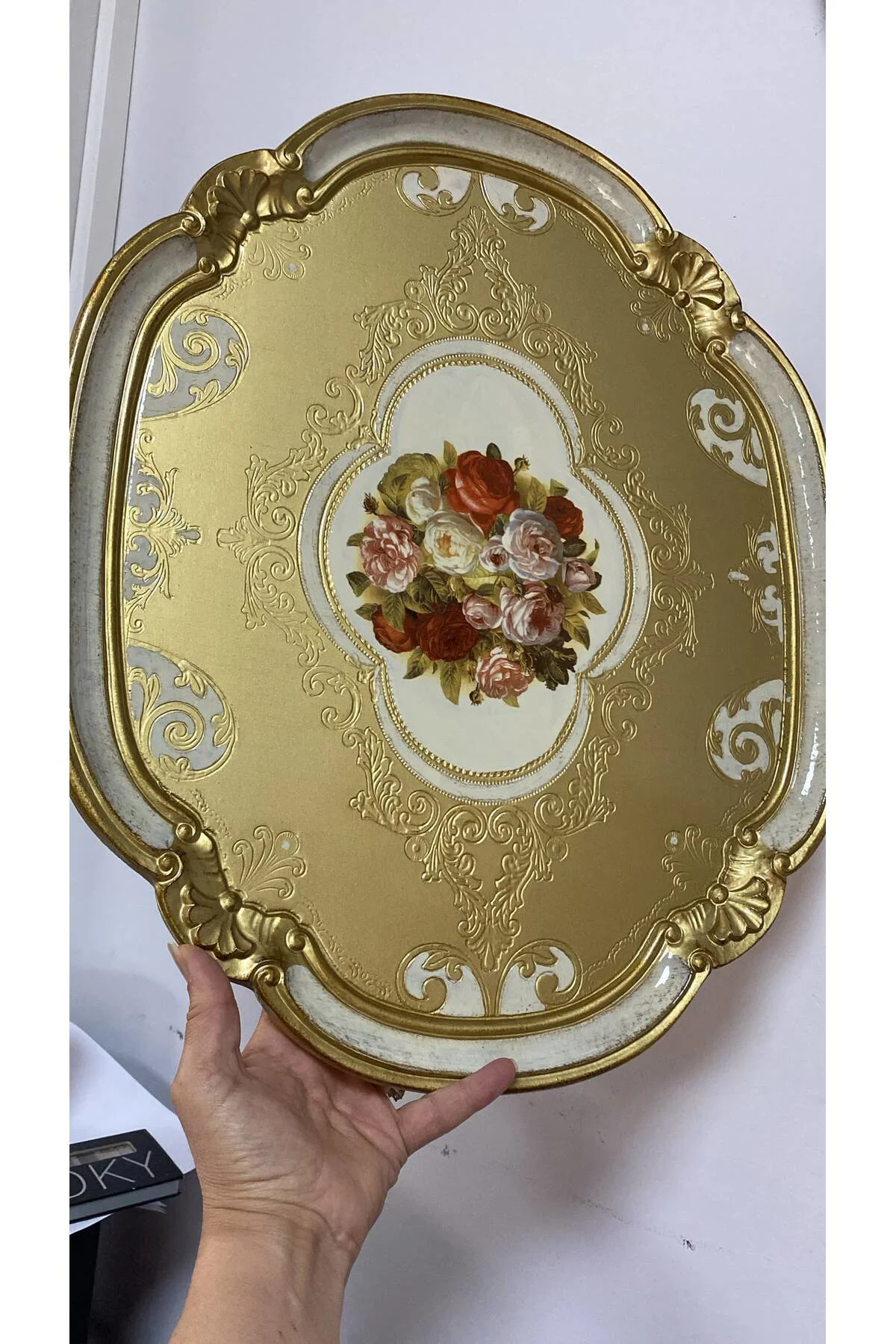 Orjinal İtalyan Gül ağacı tepsi 8 kişilik Çiçekli Oval 42x51cm