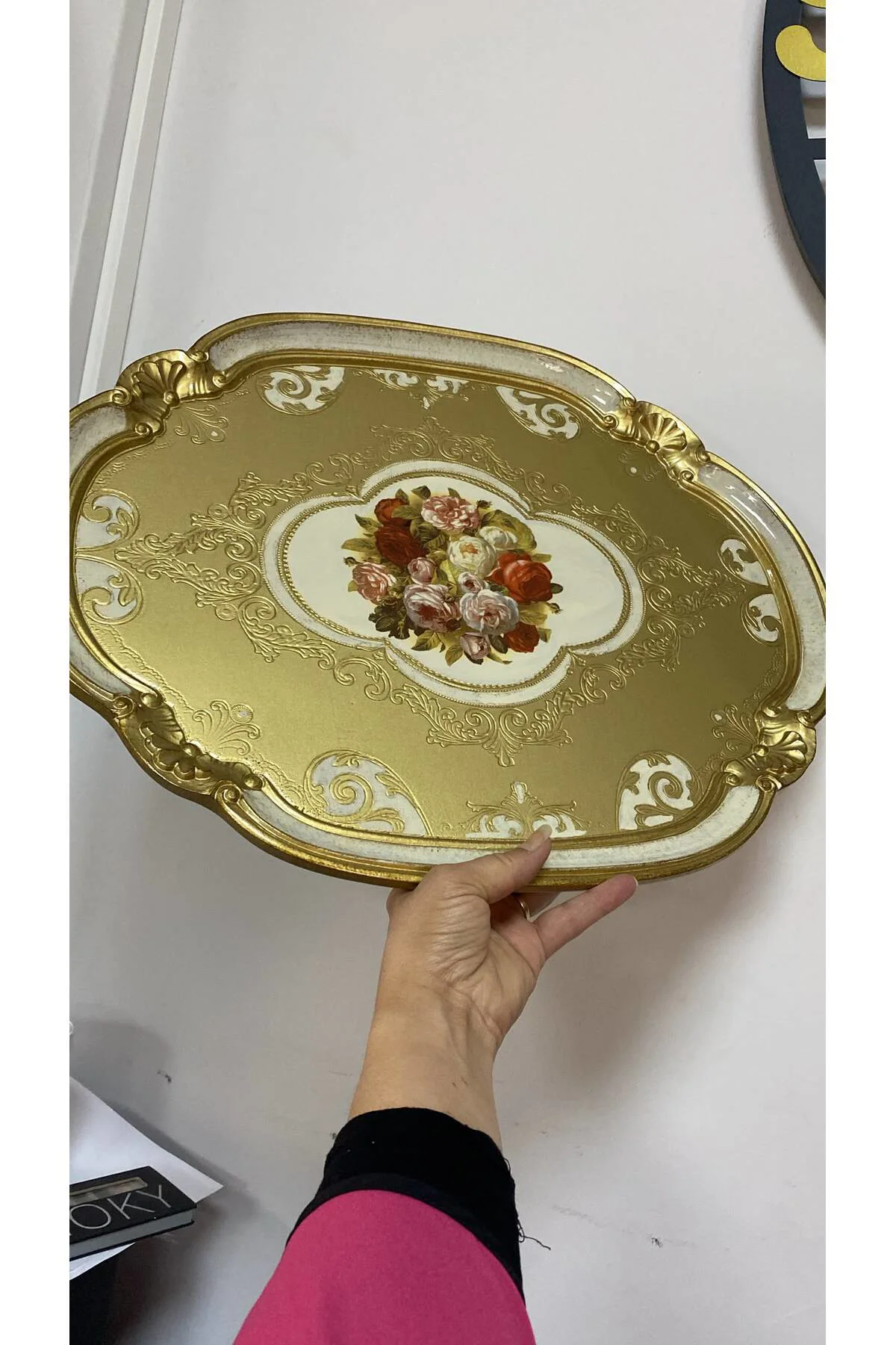 Orjinal İtalyan Gül ağacı tepsi 8 kişilik Çiçekli Oval 42x51cm