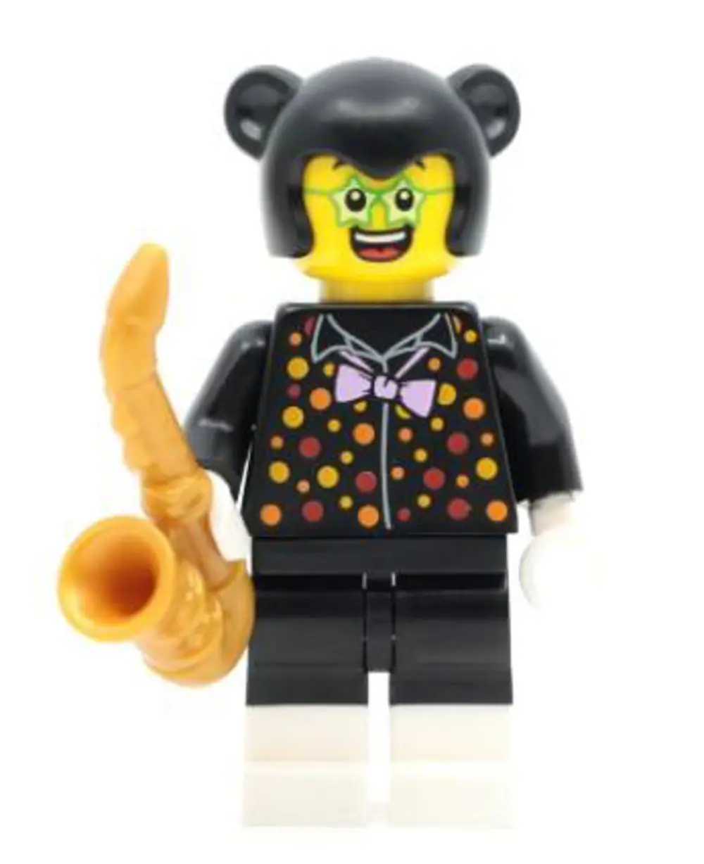 Orjinal Lego Minifigür Party Cat, a fun saxophonist in a cat cost