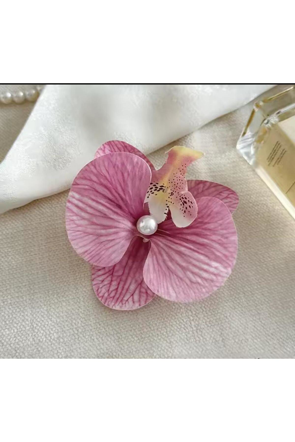 Arestokaaksesuar Orkide Çiçeği İncili Mandal Toka 10 Cm Çift Taraflı 1 Adet