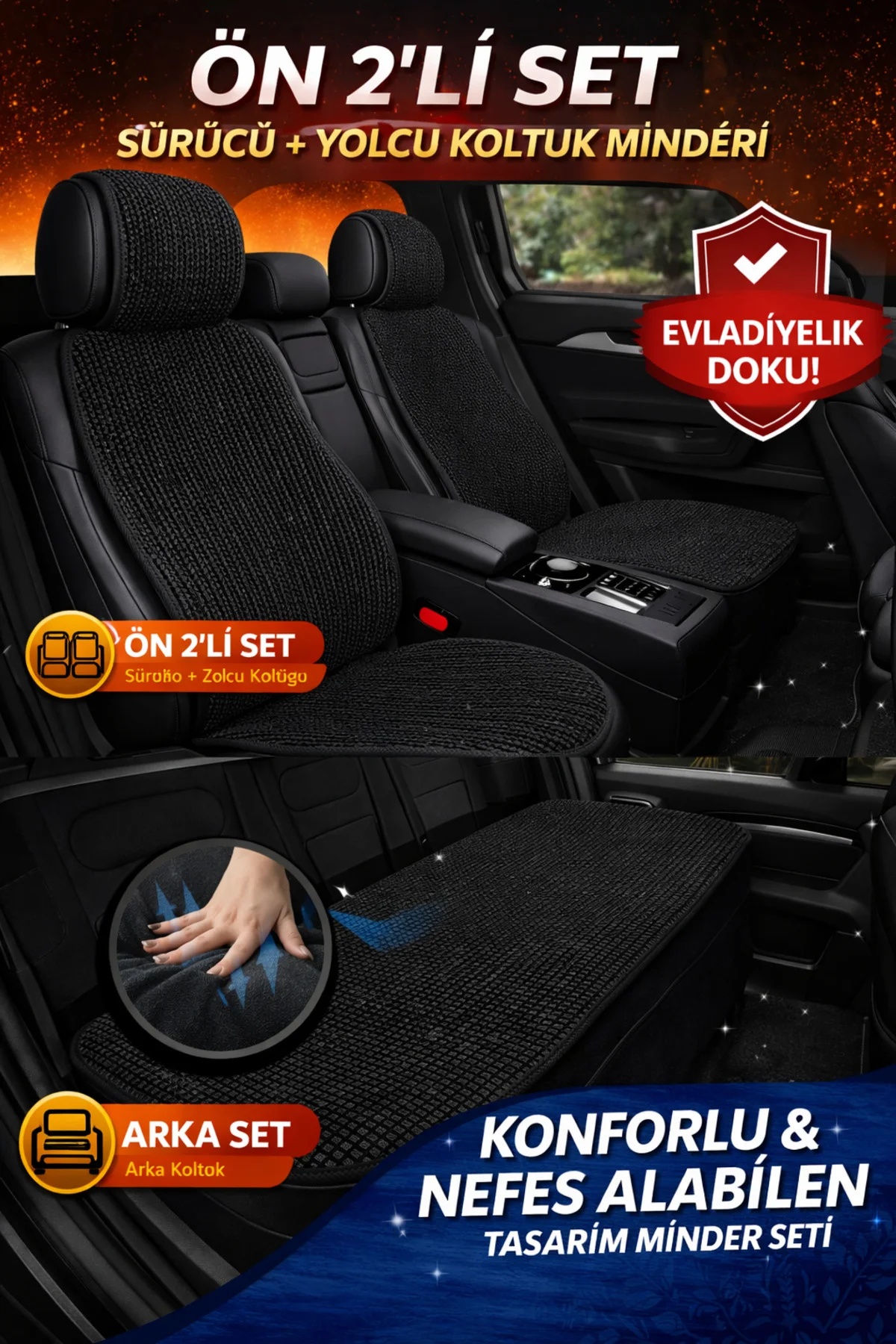Örme Serisi Universal Ön 2 Parça Koltuk Minder Seti Siyah