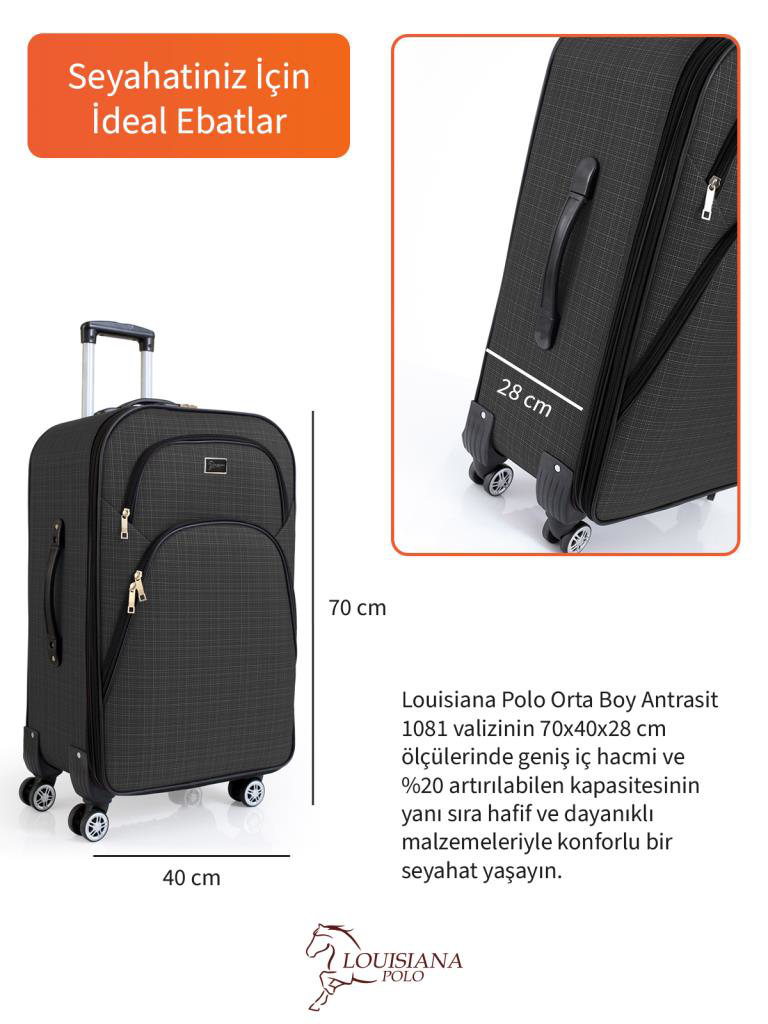 Louisiana Polo Orta Boy 4 Teker Kumaş Valiz Antrasit 1081 Louisiana Polo Orta Boy 4 Teker Kumaş Valiz Antrasit 1081