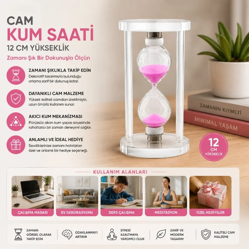 Orta Boy Cam Standlı Kum Saati - 12 cm Yükseklik - Dekoratif Süs Eşyası Fiyatı, Yorumları ve Özellikleri