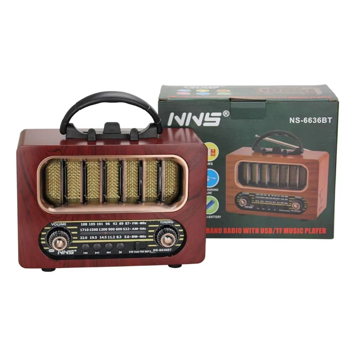 Orta Boy Retro Ahşap Tasarım Bluetooth Hoparlörlü Radyo – FM/AM Destekli, Şarjlı ve Taşınabiliri Radyo NS-6636 Fiyatı, Yorumları ve Özellikleri