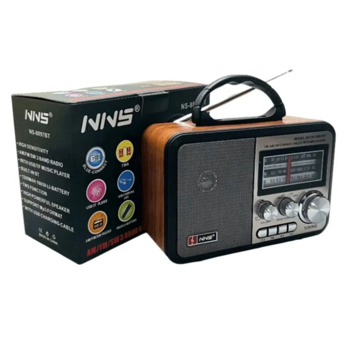 Orta Boy Retro, Nostaljik, Ahşap Tasarım Bluetooth Hoparlörlü, Şarjlı, Taşınabilir FM/AM Destekli Radyo NS-8897 Orta Boy Retro, Nostaljik, Ahşap Tasarım Bluetooth Hoparlörlü, Şarjlı, Taşınabilir FM/AM Destekli Radyo NS-8897