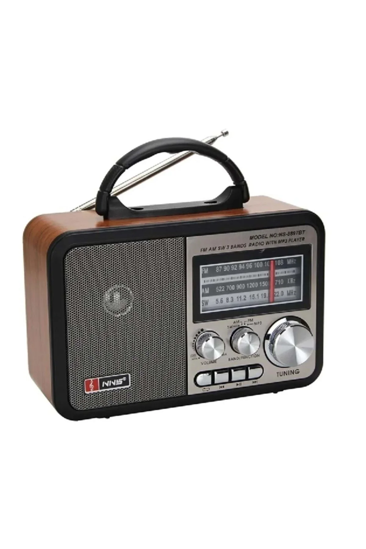Orta Boy Retro, Nostaljik, Ahşap Tasarım Bluetooth Hoparlörlü, Şarjlı, Taşınabilir FM/AM Destekli Radyo NS-8897 Orta Boy Retro, Nostaljik, Ahşap Tasarım Bluetooth Hoparlörlü, Şarjlı, Taşınabilir FM/AM Destekli Radyo NS-8897