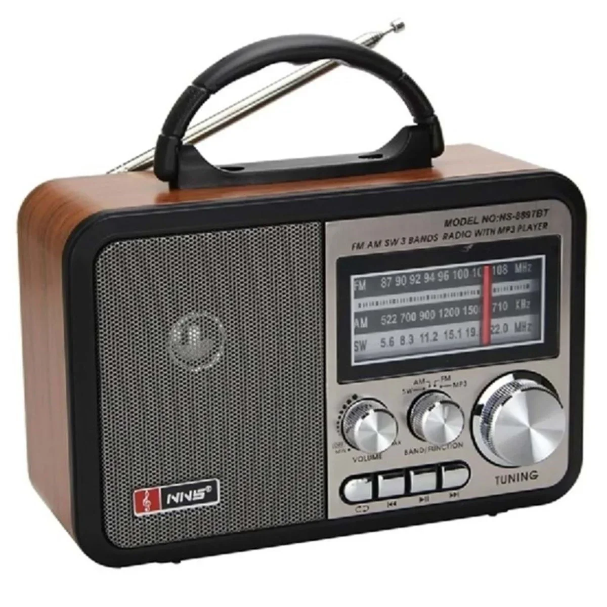 Orta Boy Retro, Nostaljik, Ahşap Tasarım Bluetooth Hoparlörlü, Şarjlı, Taşınabilir FM/AM Destekli Radyo NS-8897 Orta Boy Retro, Nostaljik, Ahşap Tasarım Bluetooth Hoparlörlü, Şarjlı, Taşınabilir FM/AM Destekli Radyo NS-8897