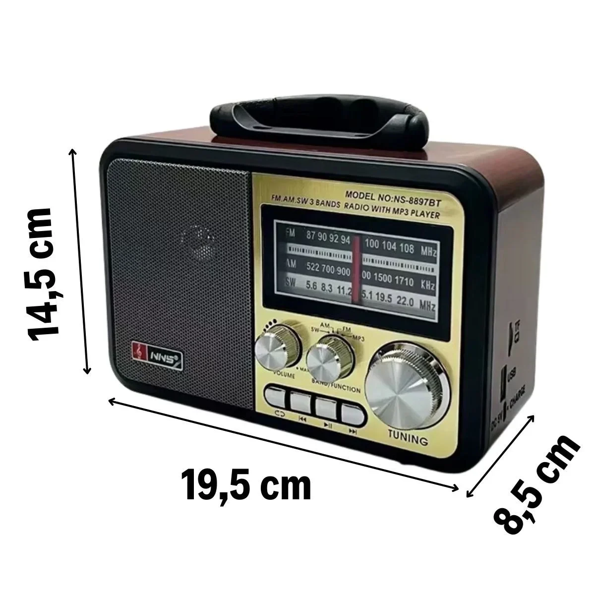 Orta Boy Retro, Nostaljik, Ahşap Tasarım Bluetooth Hoparlörlü, Şarjlı, Taşınabilir FM/AM Destekli Radyo NS-8897 Orta Boy Retro, Nostaljik, Ahşap Tasarım Bluetooth Hoparlörlü, Şarjlı, Taşınabilir FM/AM Destekli Radyo NS-8897