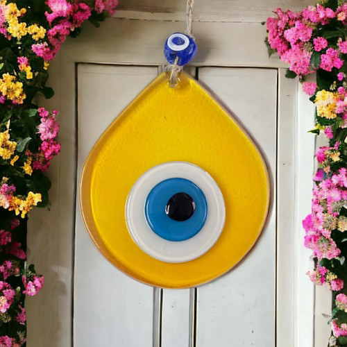 Orta Boy Şeffaf Sarı Damla Desen Nazar Boncuklu Duvar Dekoru Cam 