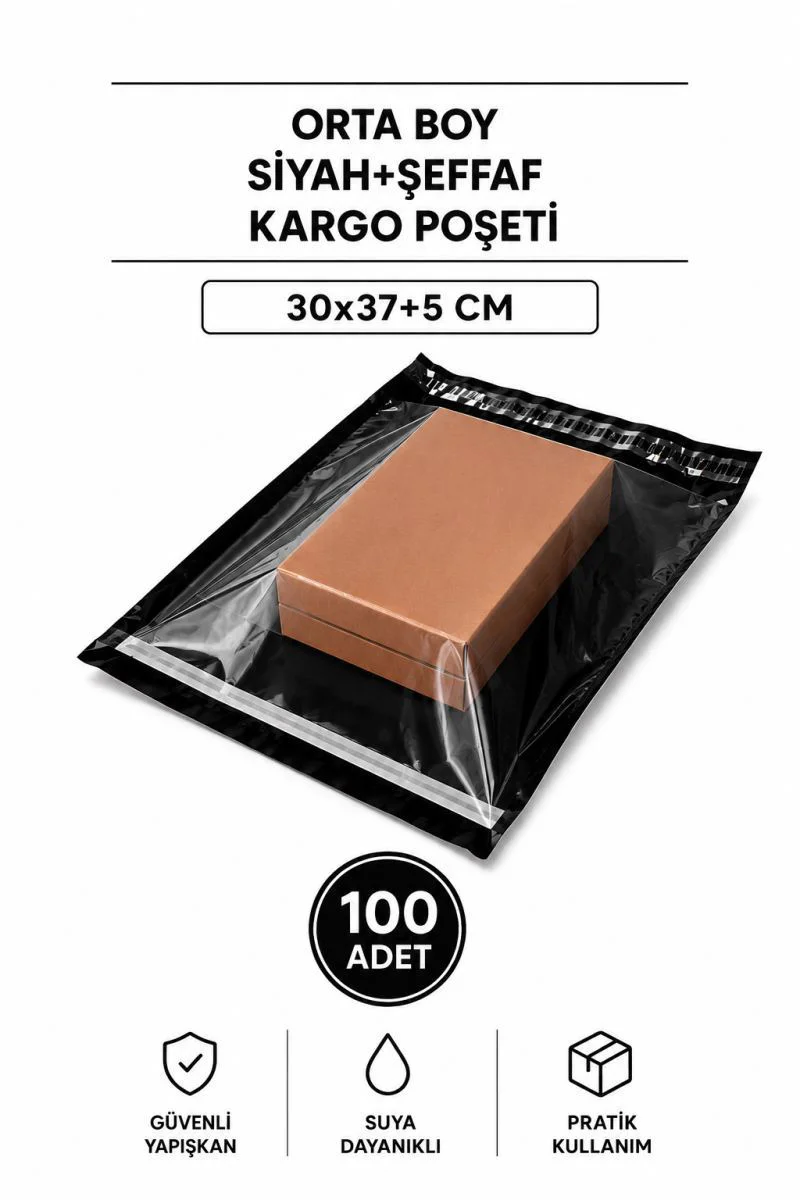 Orta Boy Siyah Şeffaf Kargo Poşeti 30x37+5 Cm 100 Adet – Profesyonel E-Ticaret Paketleme Fiyatı, Yorumları ve Özellikleri